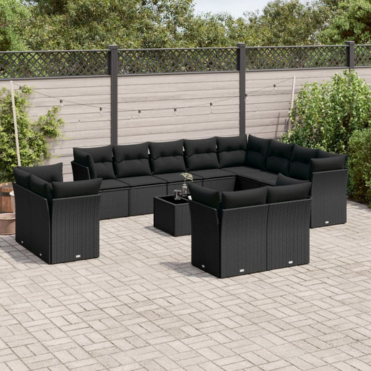 13-tlg. Garten-Sofagarnitur mit Kissen Schwarz Poly Rattan