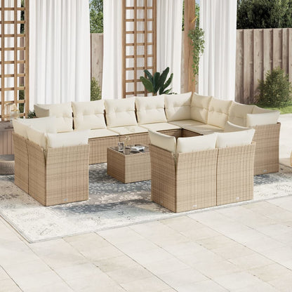 13-tlg. Garten-Sofagarnitur mit Kissen Beige Poly Rattan