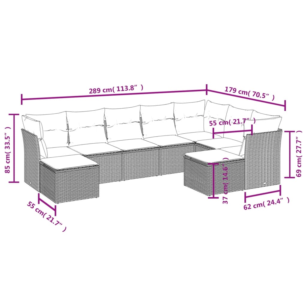 9-tlg. Garten-Sofagarnitur mit Kissen Beige Poly Rattan