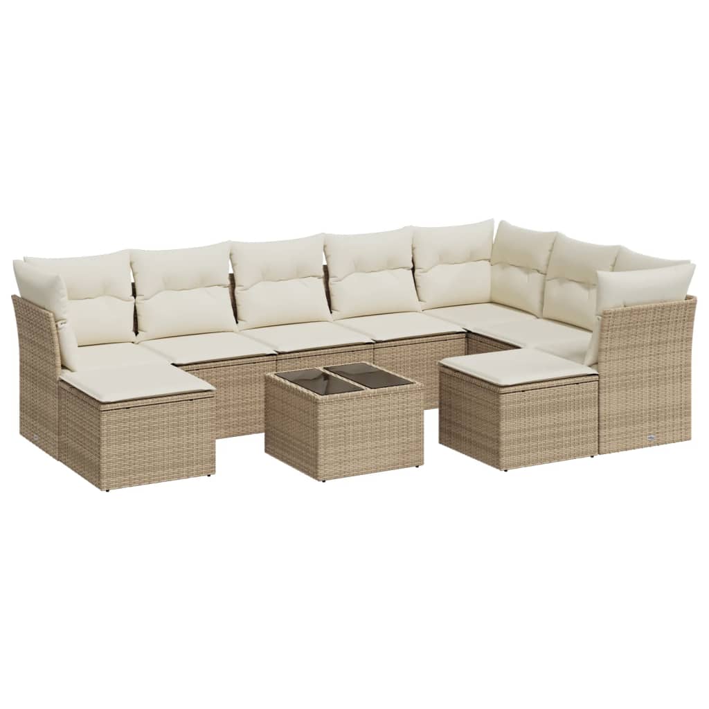 10-tlg. Garten-Sofagarnitur mit Kissen Beige Poly Rattan