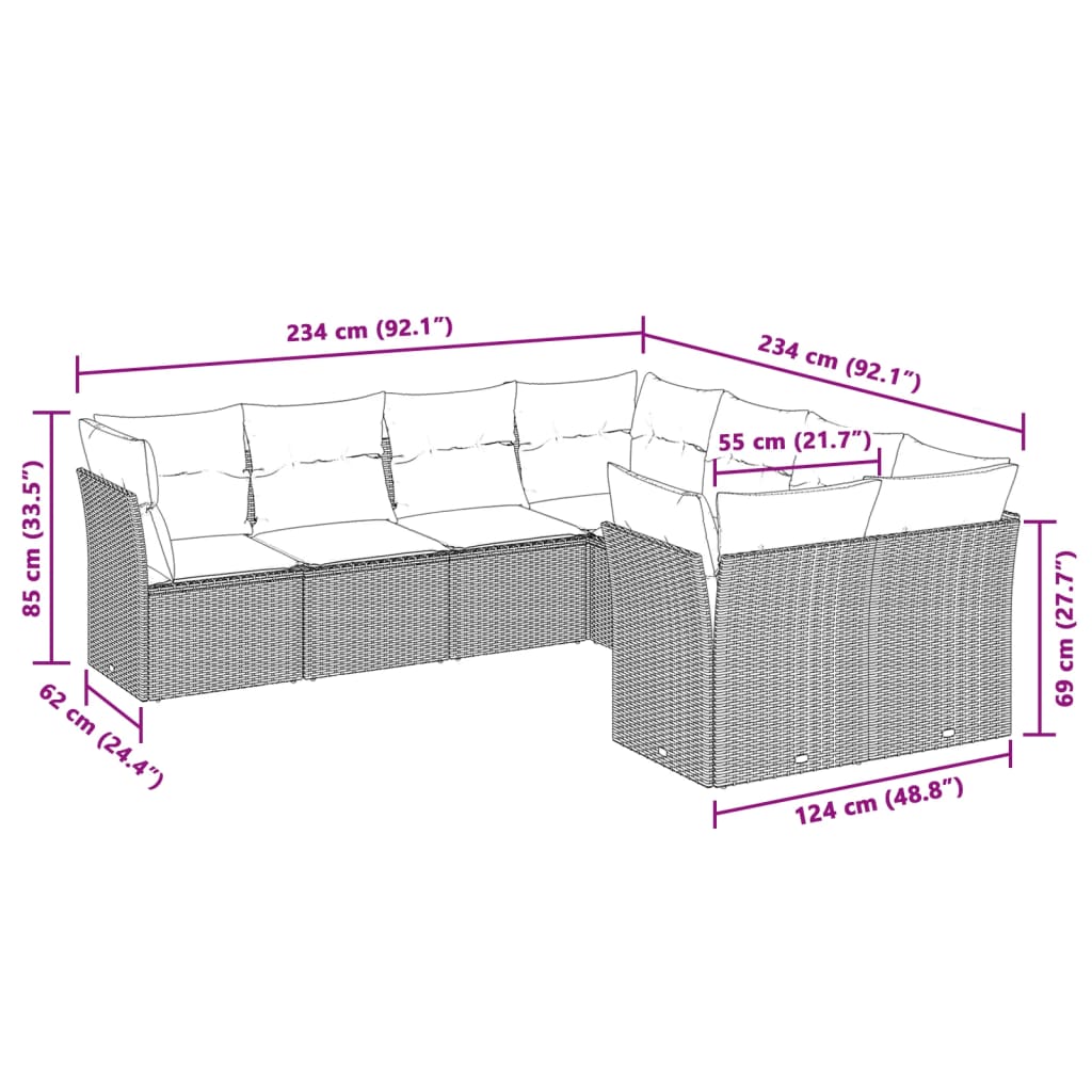 8-tlg. Garten-Sofagarnitur mit Kissen Hellgrau Poly Rattan