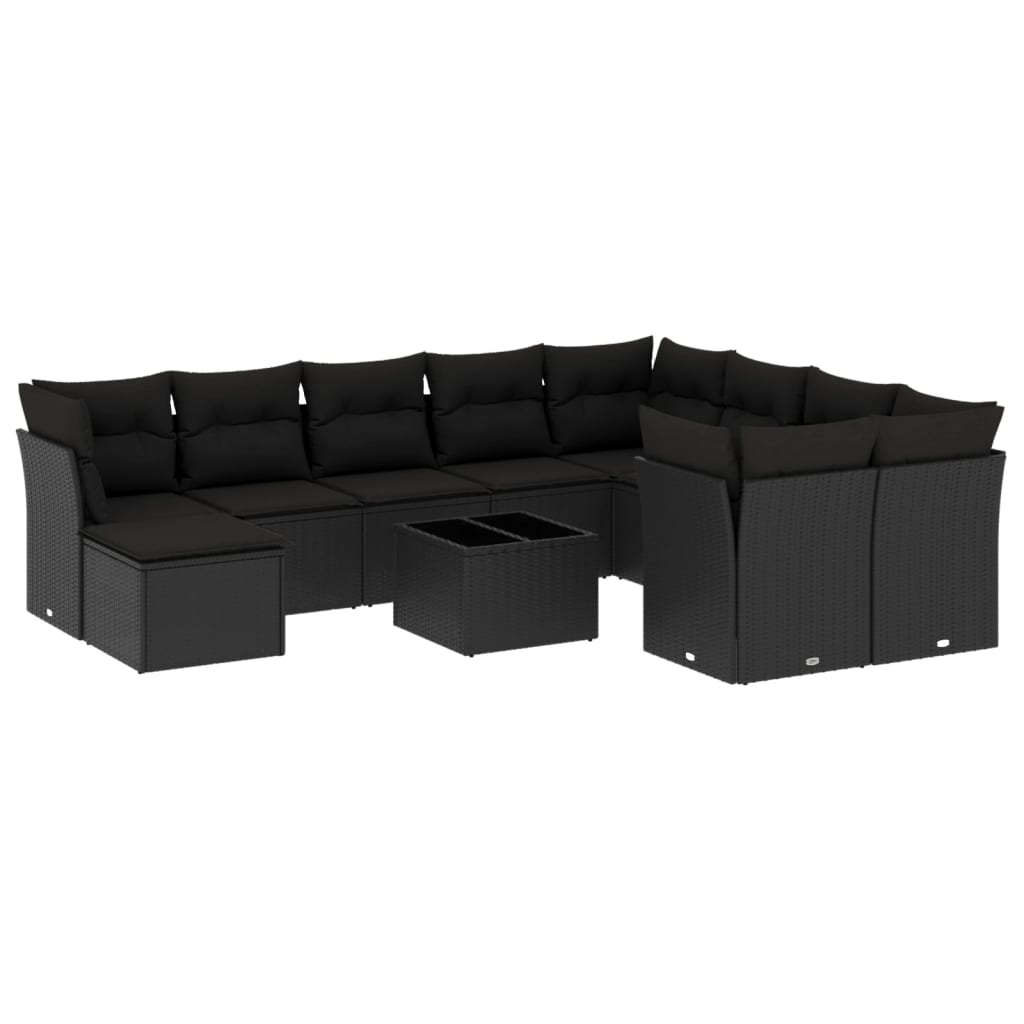 11-tlg. Garten-Sofagarnitur mit Kissen Schwarz Poly Rattan