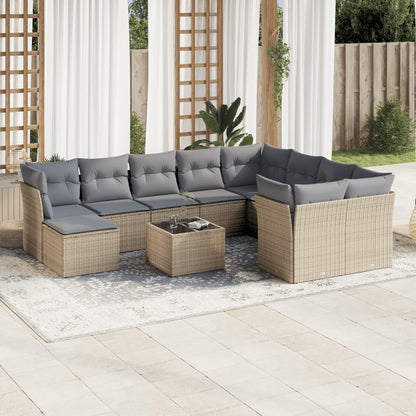 11-tlg. Garten-Sofagarnitur mit Kissen Beige Poly Rattan