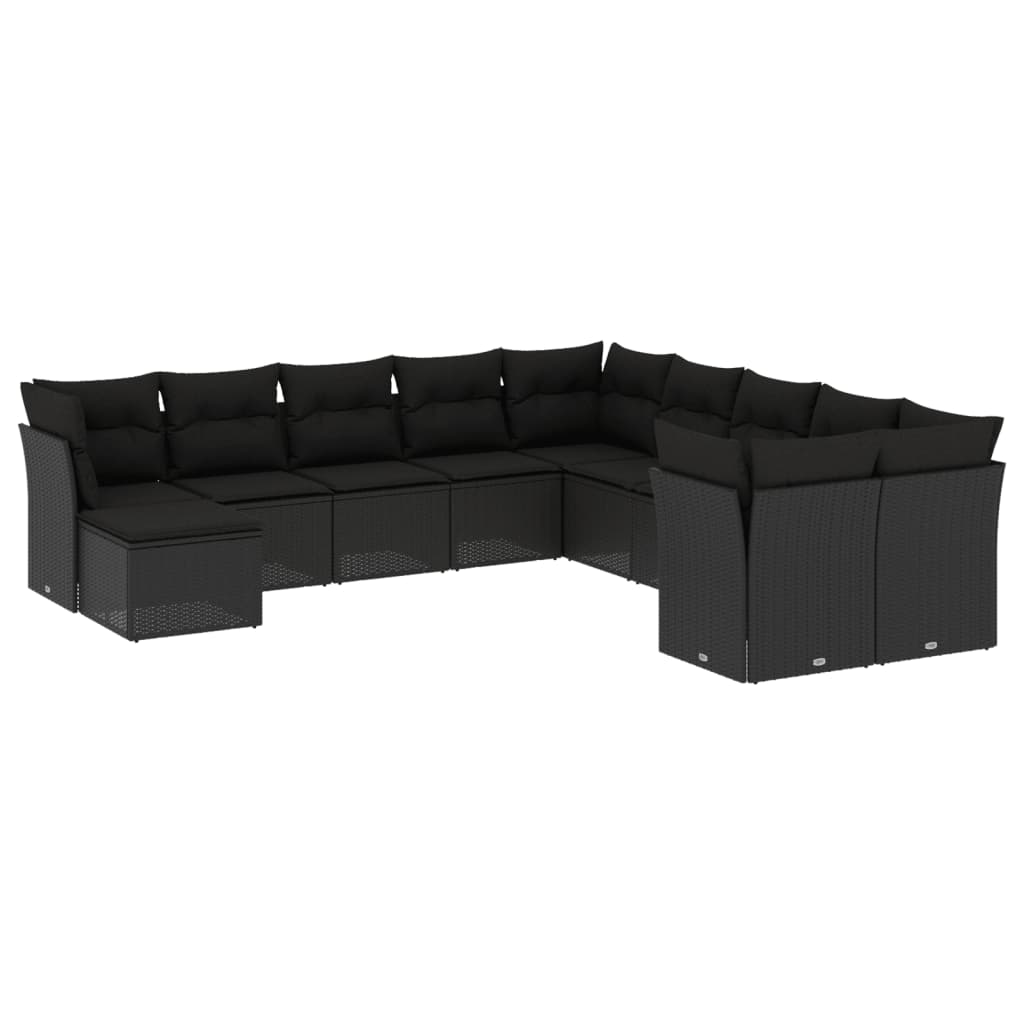 11-tlg. Garten-Sofagarnitur mit Kissen Schwarz Poly Rattan