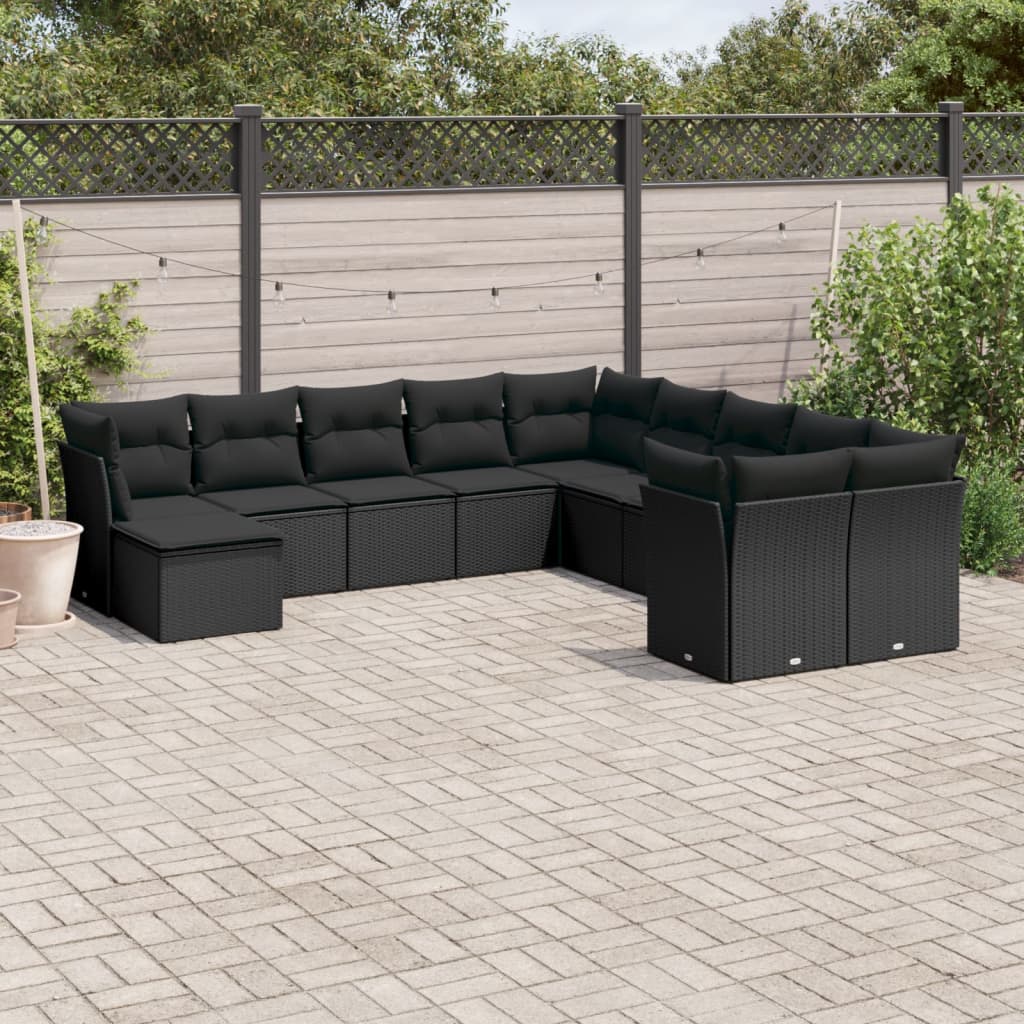 11-tlg. Garten-Sofagarnitur mit Kissen Schwarz Poly Rattan