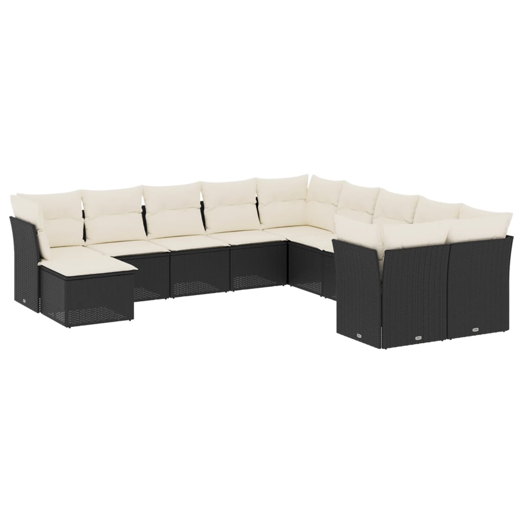 11-tlg. Garten-Sofagarnitur mit Kissen Schwarz Poly Rattan