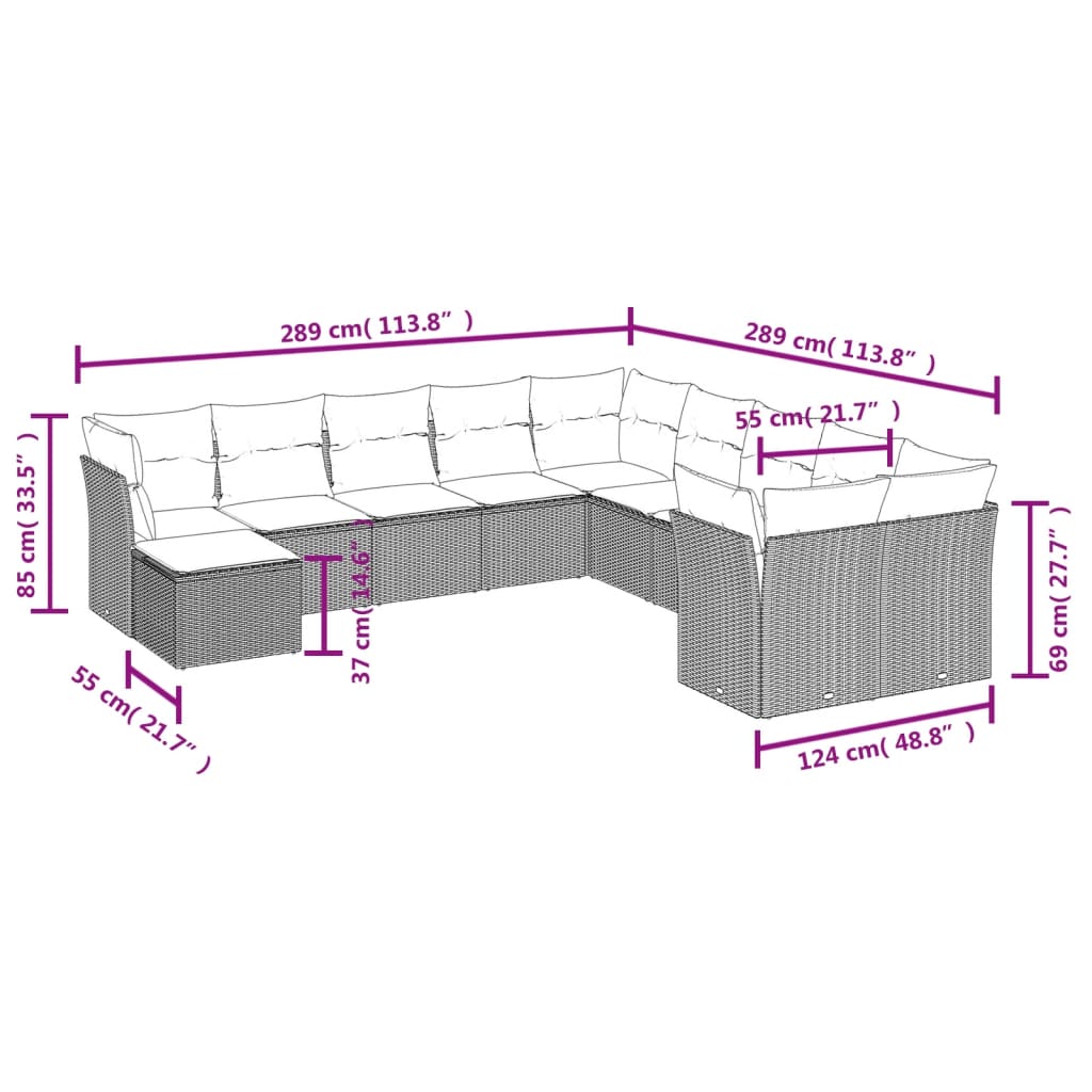 11-tlg. Garten-Sofagarnitur mit Kissen Grau Poly Rattan