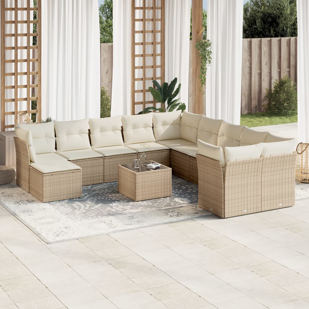 12-tlg. Garten-Sofagarnitur mit Kissen Beige Poly Rattan