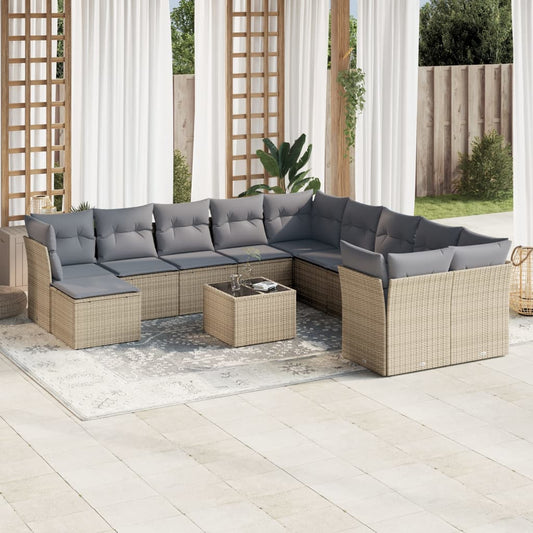 12-tlg. Garten-Sofagarnitur mit Kissen Beige Poly Rattan