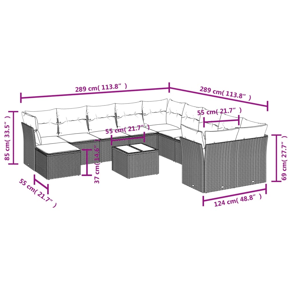 12-tlg. Garten-Sofagarnitur mit Kissen Hellgrau Poly Rattan