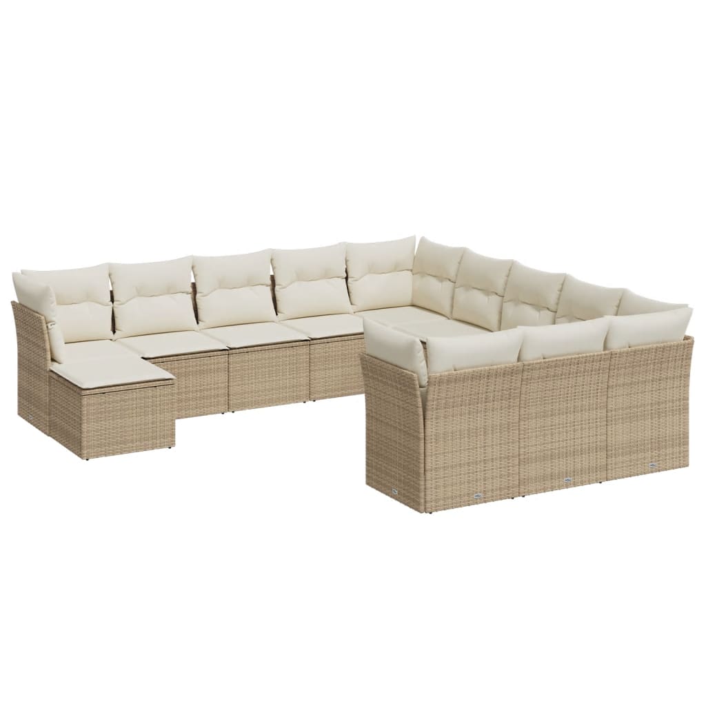 12-tlg. Garten-Sofagarnitur mit Kissen Beige Poly Rattan