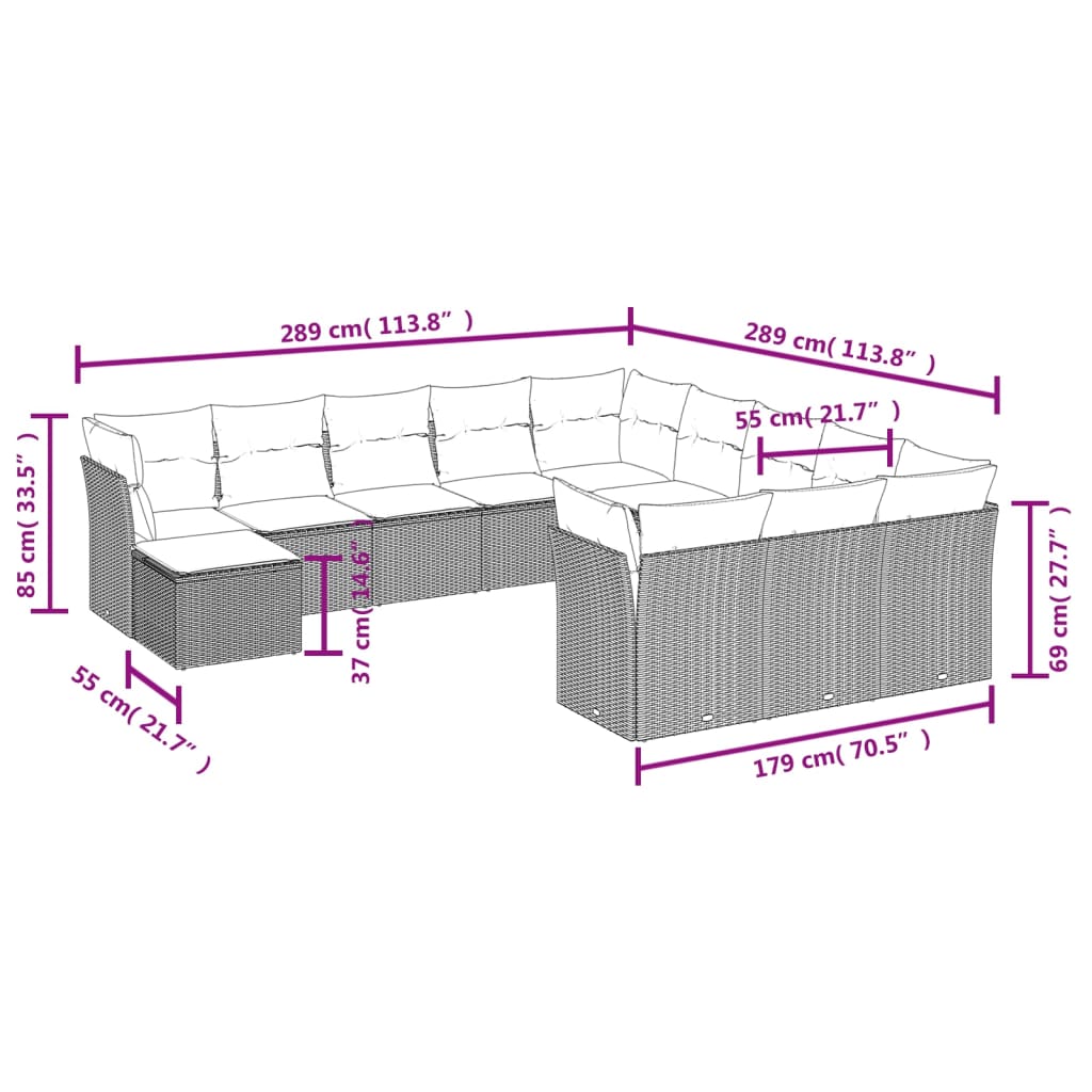 12-tlg. Garten-Sofagarnitur mit Kissen Braun Poly Rattan