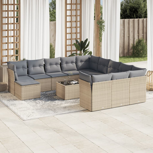 13-tlg. Garten-Sofagarnitur mit Kissen Beige Poly Rattan