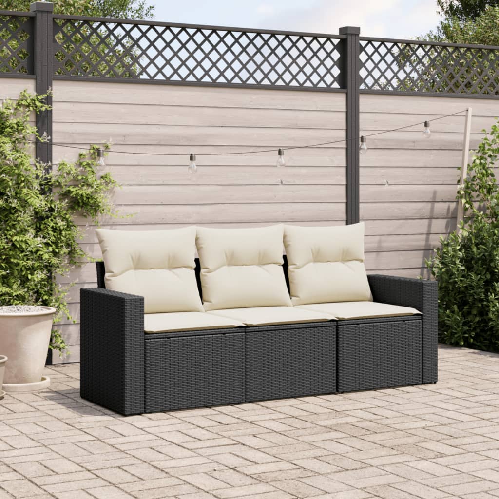 3-tlg. Garten-Sofagarnitur mit Kissen Schwarz Poly Rattan