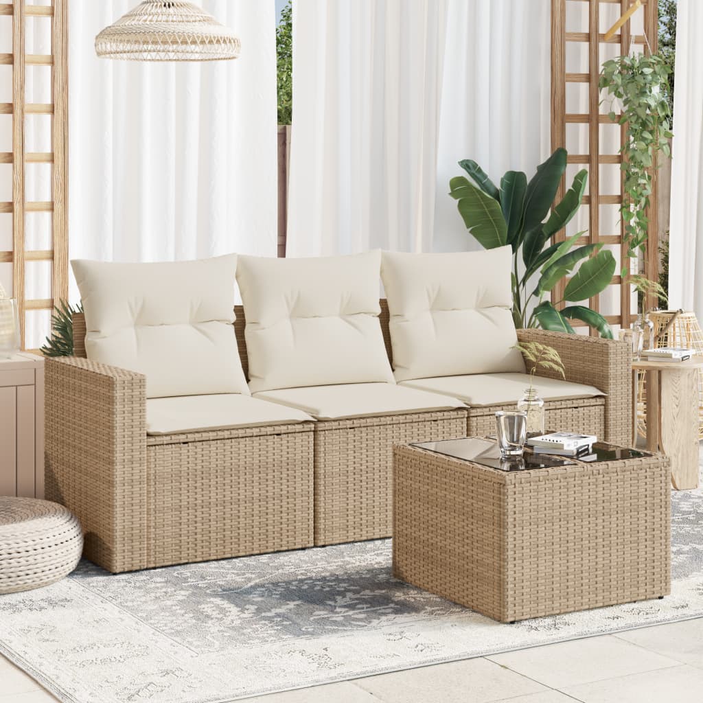 4-tlg. Garten-Sofagarnitur mit Kissen Beige Poly Rattan