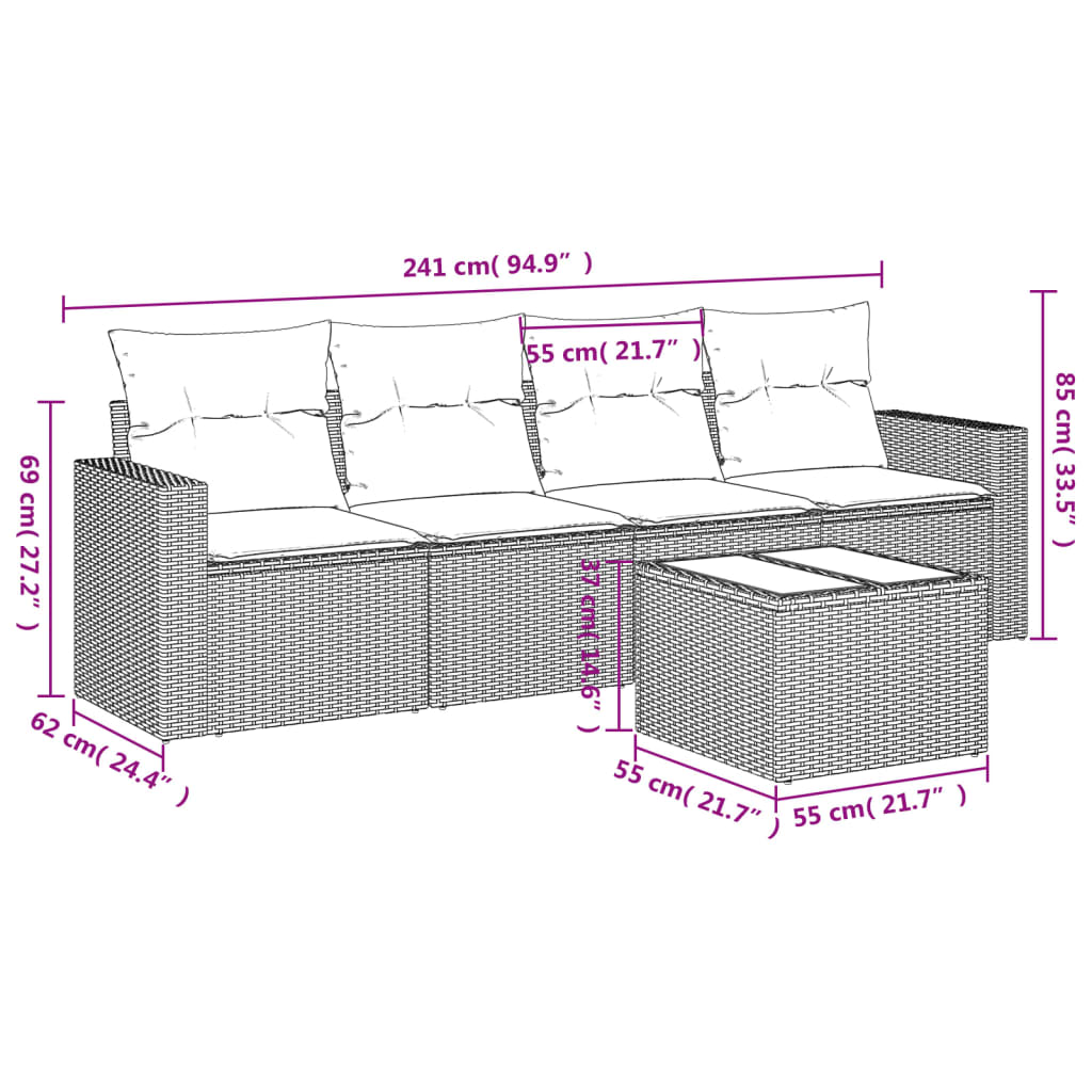 5-tlg. Garten-Sofagarnitur mit Kissen Schwarz Poly Rattan