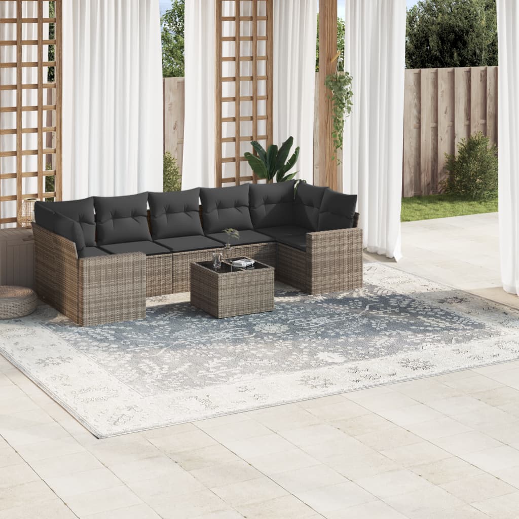 8-tlg. Garten-Sofagarnitur mit Kissen Grau Poly Rattan