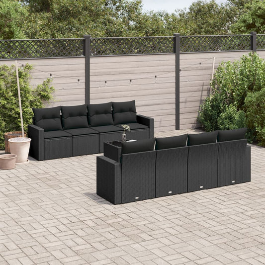 9-tlg. Garten-Sofagarnitur mit Kissen Schwarz Poly Rattan