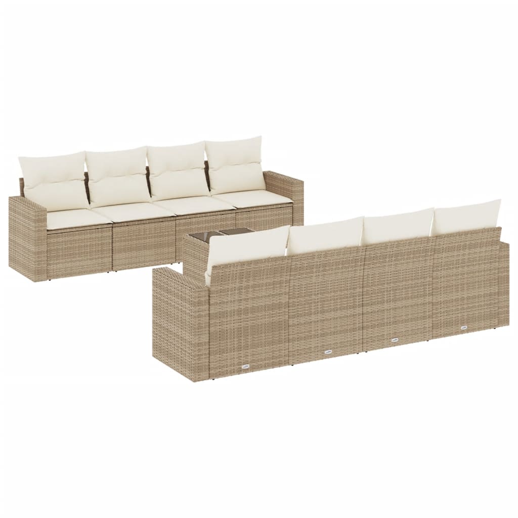 9-tlg. Garten-Sofagarnitur mit Kissen Beige Poly Rattan