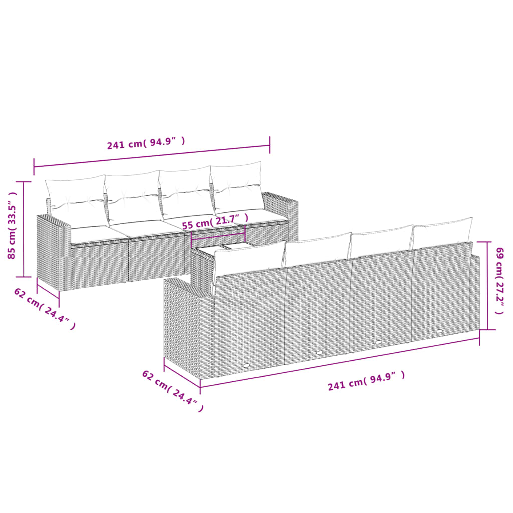 9-tlg. Garten-Sofagarnitur mit Kissen Hellgrau Poly Rattan