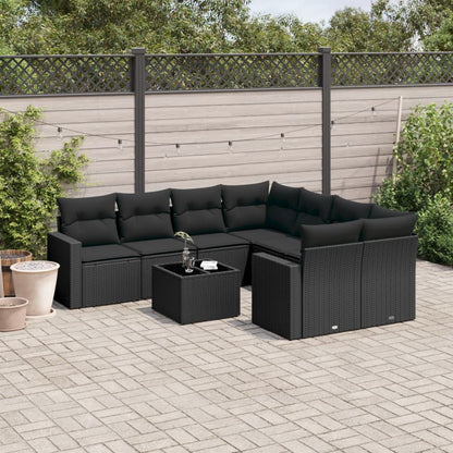 9-tlg. Garten-Sofagarnitur mit Kissen Schwarz Poly Rattan