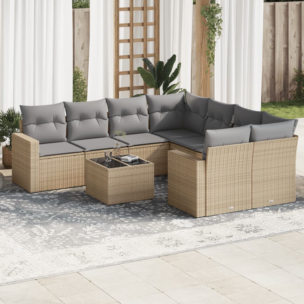 9-tlg. Garten-Sofagarnitur mit Kissen Beige Poly Rattan