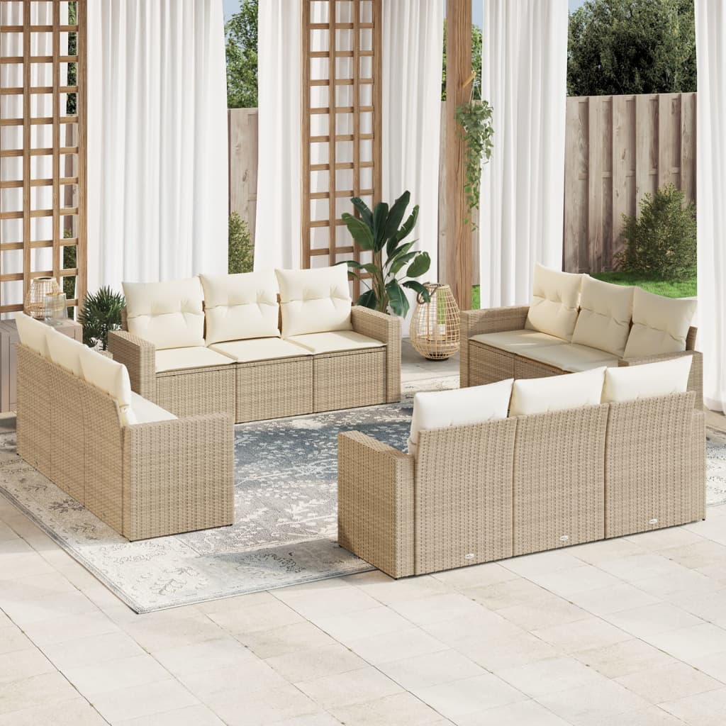 12-tlg. Garten-Sofagarnitur mit Kissen Beige Poly Rattan