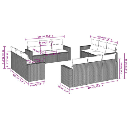 12-tlg. Garten-Sofagarnitur mit Kissen Hellgrau Poly Rattan