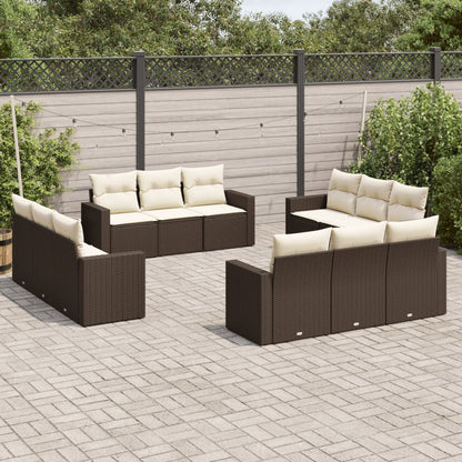 12-tlg. Garten-Sofagarnitur mit Kissen Braun Poly Rattan