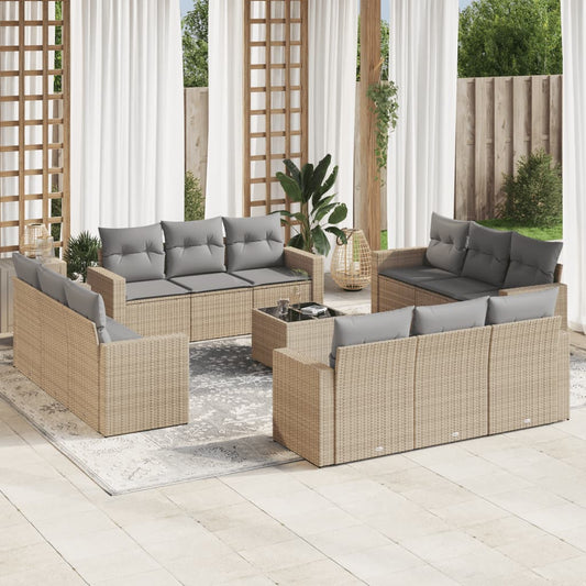 13-tlg. Garten-Sofagarnitur mit Kissen Beige Poly Rattan