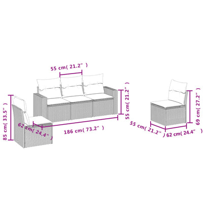 5-tlg. Garten-Sofagarnitur mit Kissen Grau Poly Rattan