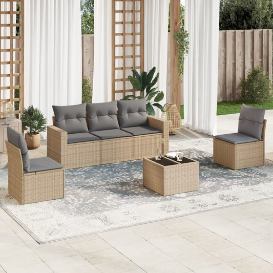 6-tlg. Garten-Sofagarnitur mit Kissen Beige Poly Rattan