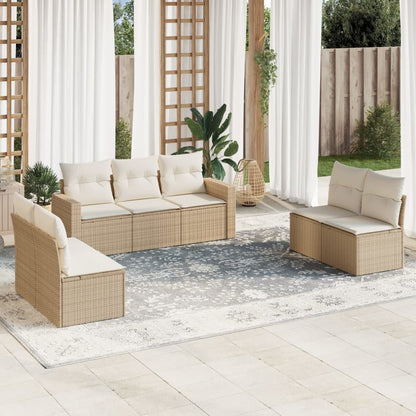 7-tlg. Garten-Sofagarnitur mit Kissen Beige Poly Rattan