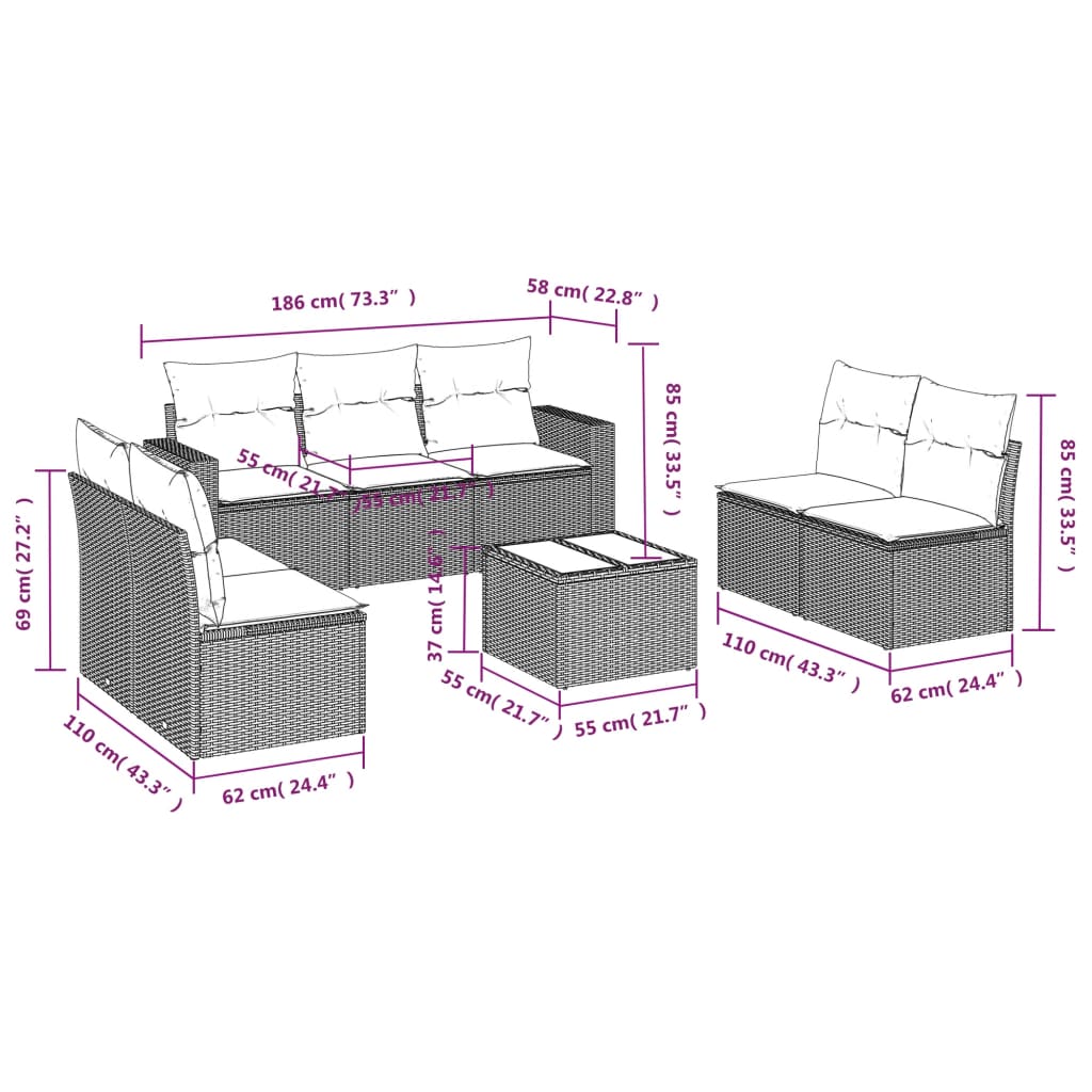 8-tlg. Garten-Sofagarnitur mit Kissen Hellgrau Poly Rattan