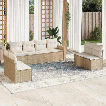 9-tlg. Garten-Sofagarnitur mit Kissen Beige Poly Rattan