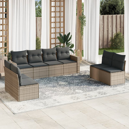 9-tlg. Garten-Sofagarnitur mit Kissen Grau Poly Rattan