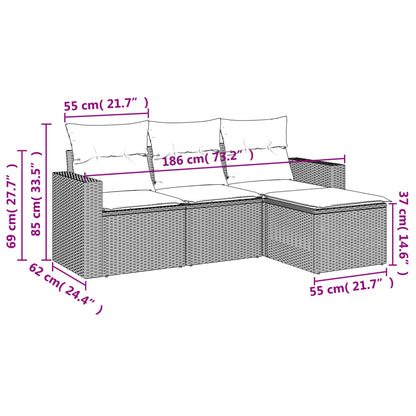 4-tlg. Garten-Sofagarnitur mit Kissen Hellgrau Poly Rattan