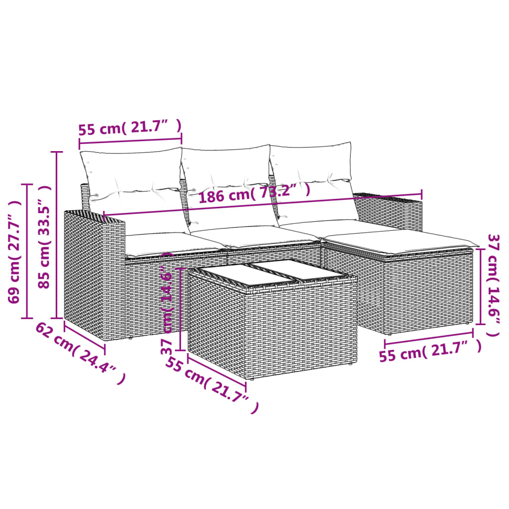 5-tlg. Garten-Sofagarnitur mit Kissen Hellgrau Poly Rattan