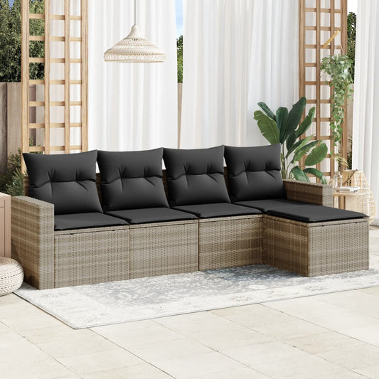 5-tlg. Garten-Sofagarnitur mit Kissen Hellgrau Poly Rattan