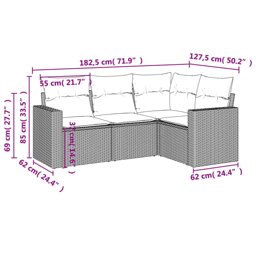 4-tlg. Garten-Sofagarnitur mit Kissen Schwarz Poly Rattan