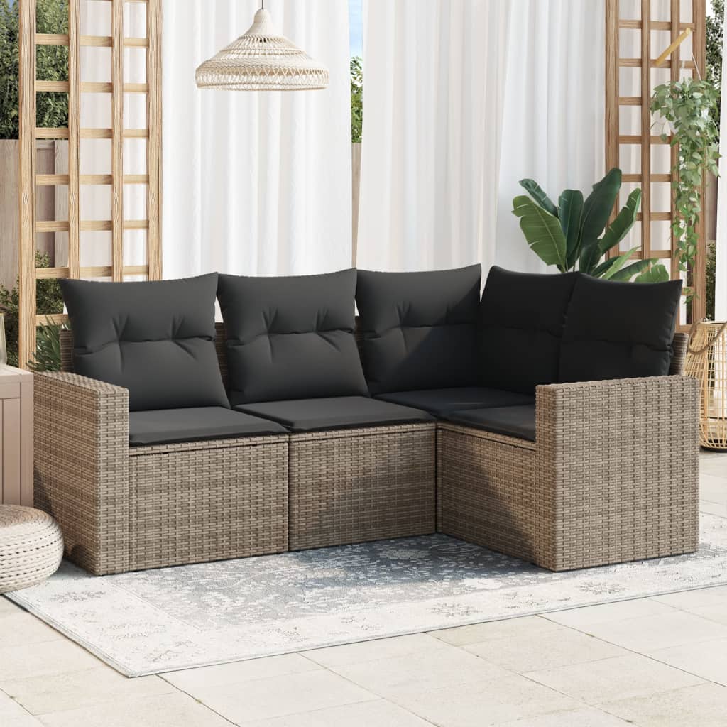 4-tlg. Garten-Sofagarnitur mit Kissen Grau Poly Rattan