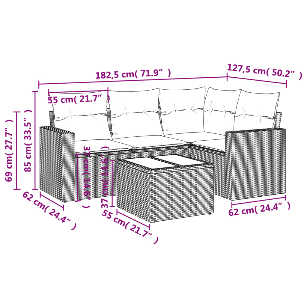 5-tlg. Garten-Sofagarnitur mit Kissen Schwarz Poly Rattan