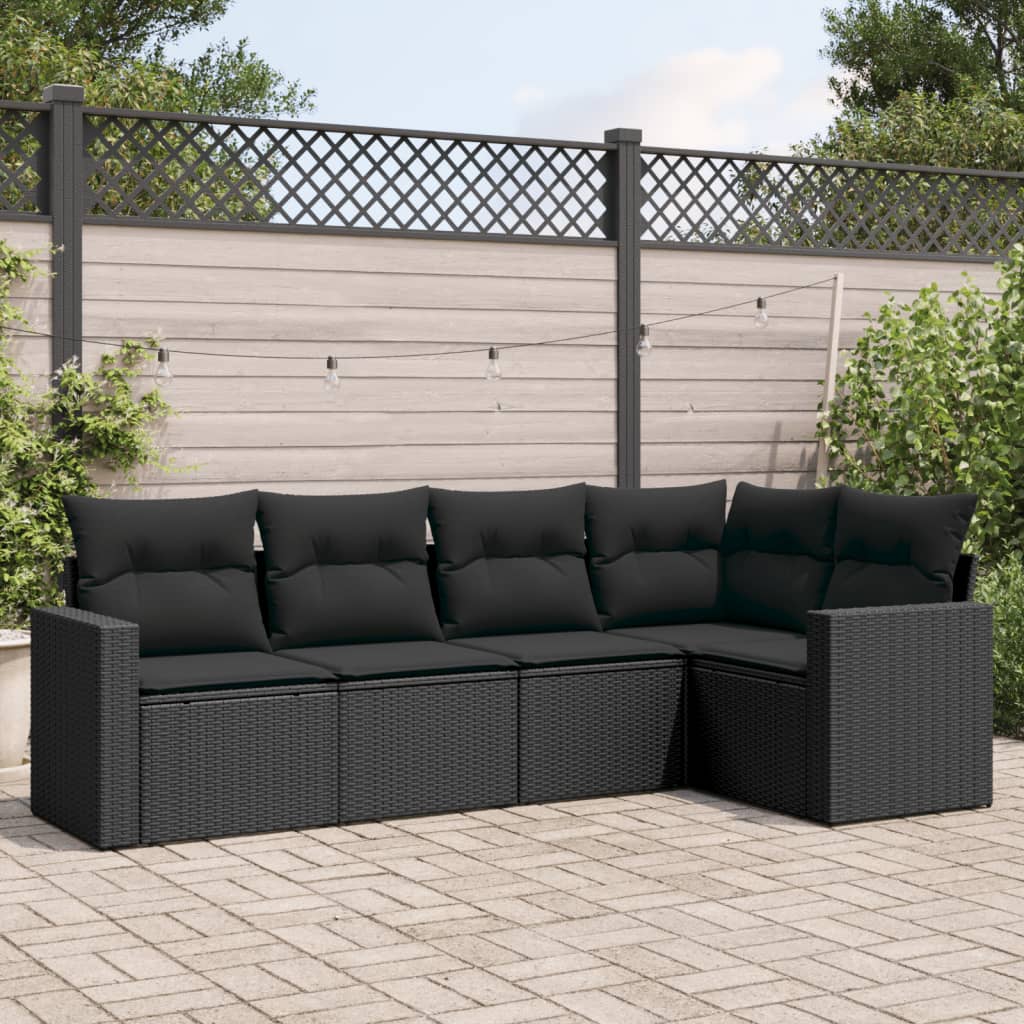 5-tlg. Garten-Sofagarnitur mit Kissen Schwarz Poly Rattan