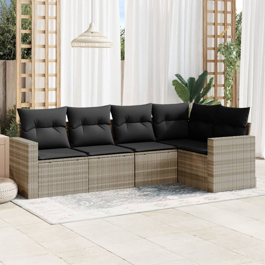 5-tlg. Garten-Sofagarnitur mit Kissen Hellgrau Poly Rattan