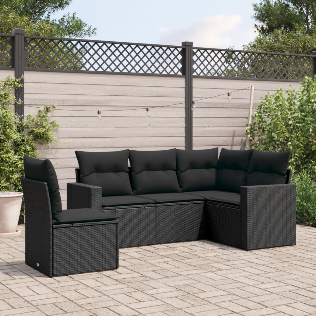 5-tlg. Garten-Sofagarnitur mit Kissen Schwarz Poly Rattan