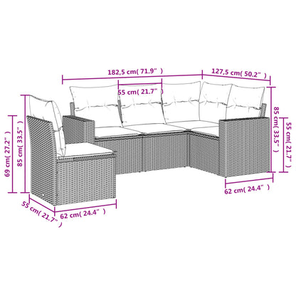 5-tlg. Garten-Sofagarnitur mit Kissen Schwarz Poly Rattan