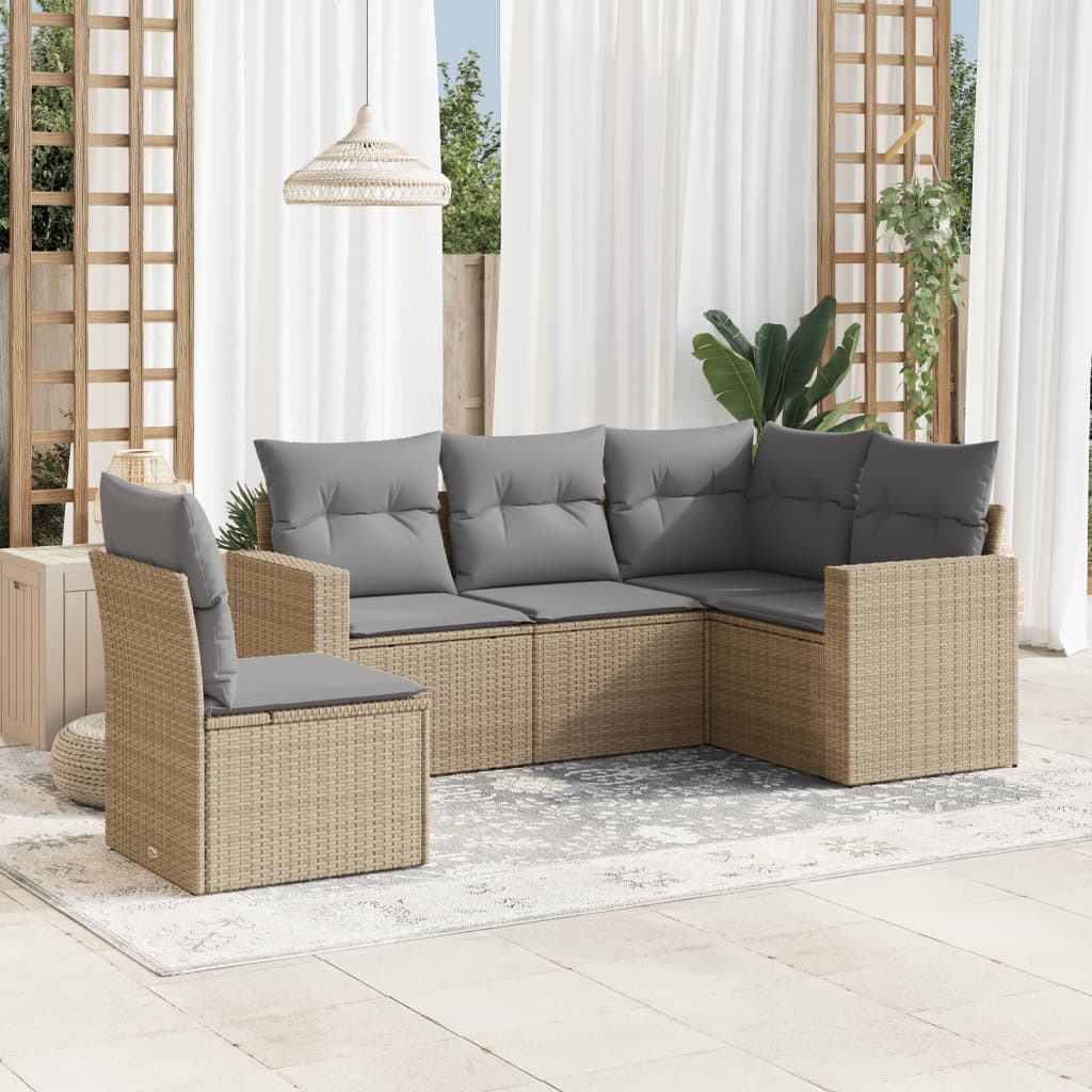 5-tlg. Garten-Sofagarnitur mit Kissen Beige Poly Rattan