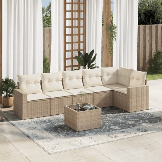 7-tlg. Garten-Sofagarnitur mit Kissen Beige Poly Rattan