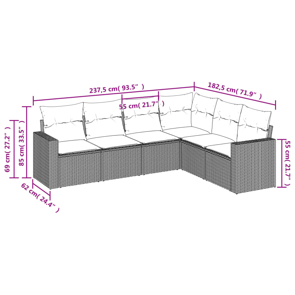 6-tlg. Garten-Sofagarnitur mit Kissen Schwarz Poly Rattan