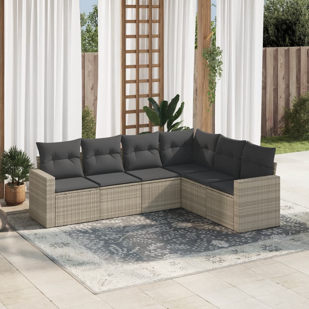 6-tlg. Garten-Sofagarnitur mit Kissen Hellgrau Poly Rattan